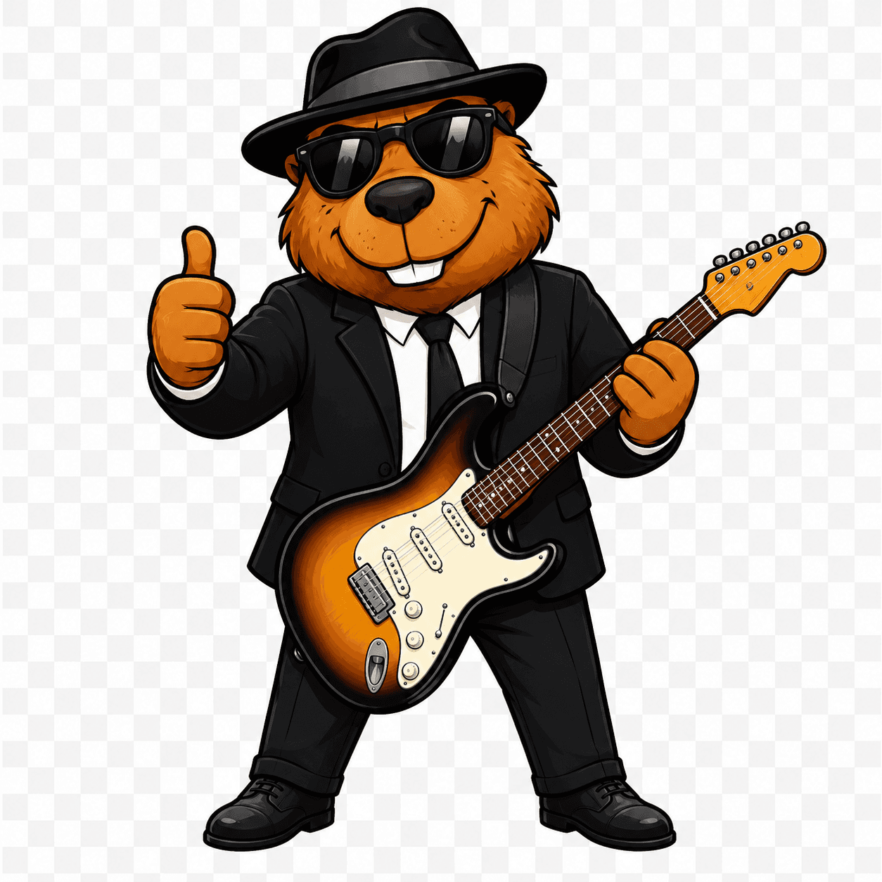 Capo, a mascote da Capoguita: uma capivara bluesman de terno e chapéu tocando uma guitarra Stratocaster.